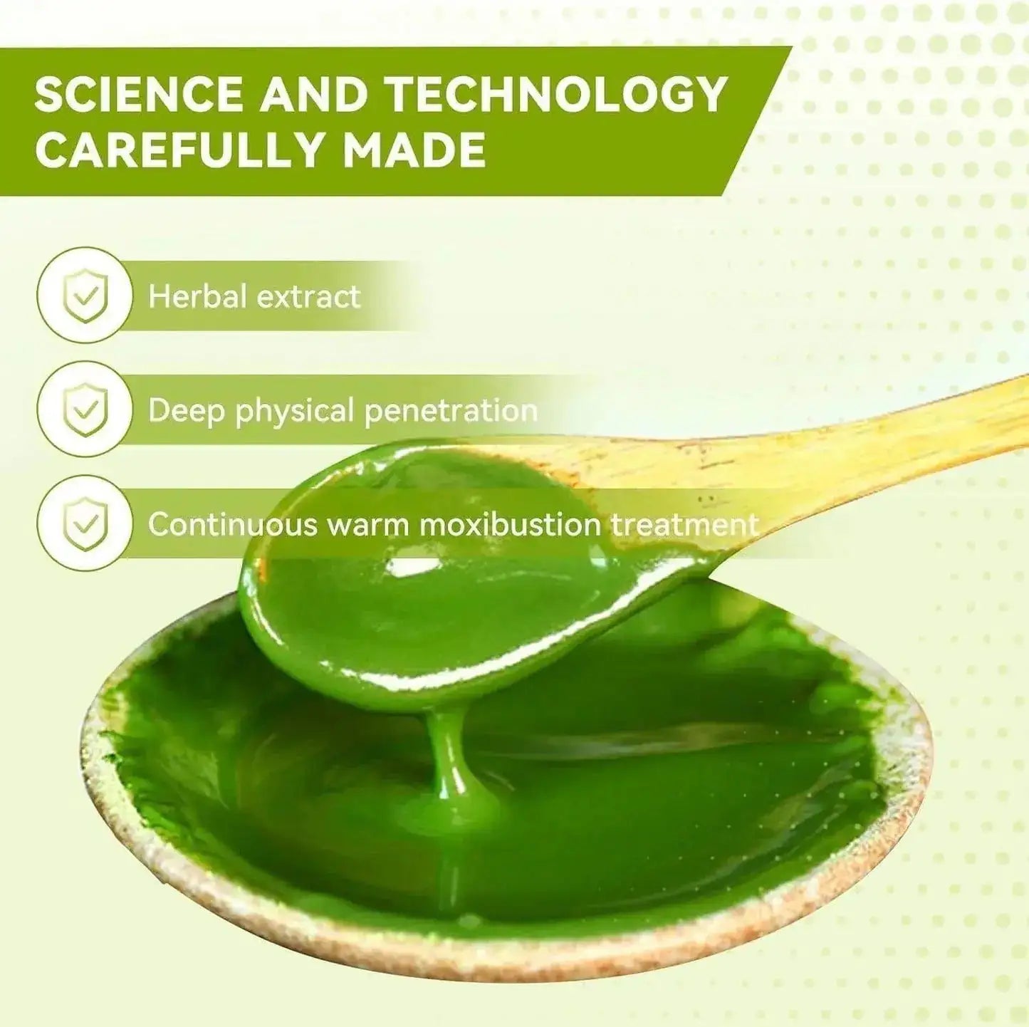 Green herbal extract in a bowl with a wooden spoon, labeled 'Science and Technology Carefully Made'.