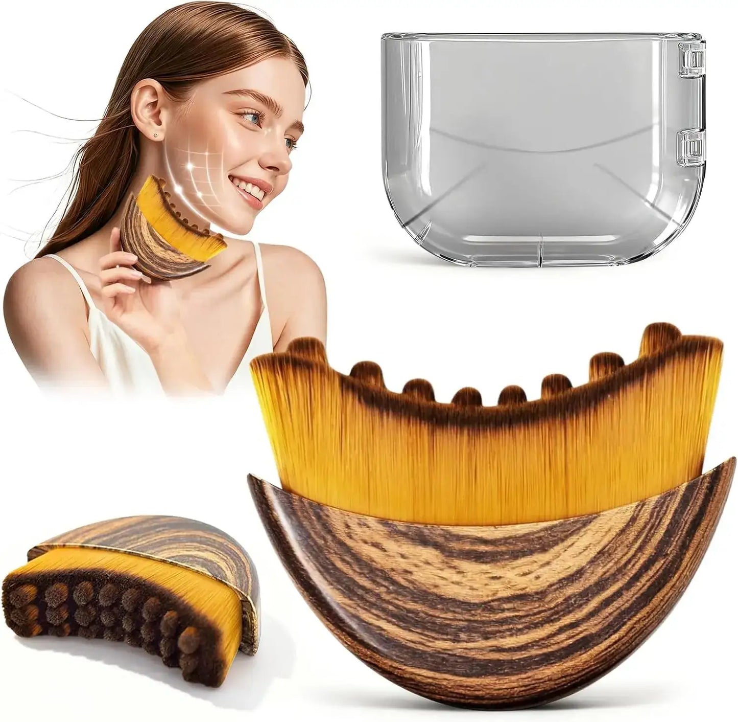 Wooden neck massager with close-up of a woman using it, and a clear container in the background.