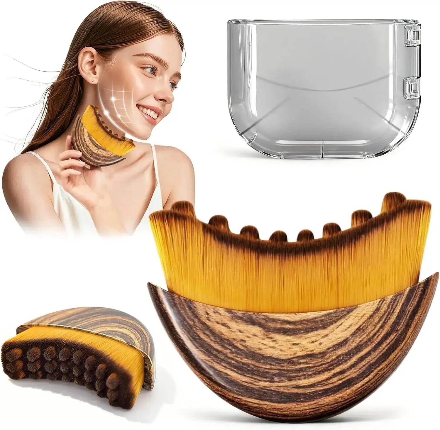 Wooden neck massager with close-up of a woman using it, and a clear container in the background.