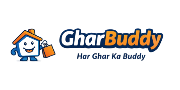 GharBuddy logo with a cartoon character holding a bag on a white background