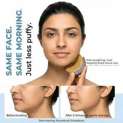 Advertisement showing a woman using a facial brush with text about reducing puffiness.
