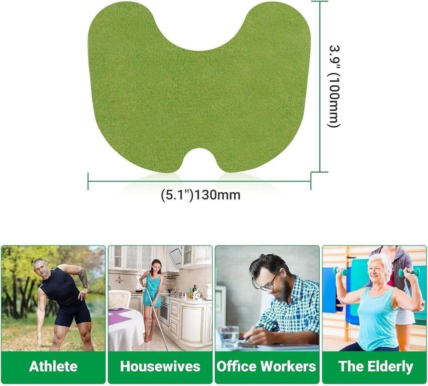 Green cushion with measurements and images of people using it in different scenarios.