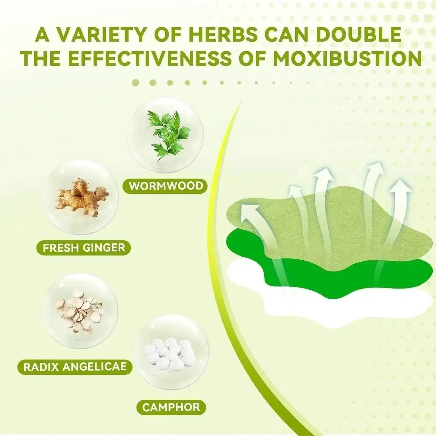 Illustration of herbs used in moxibustion with text on a green background