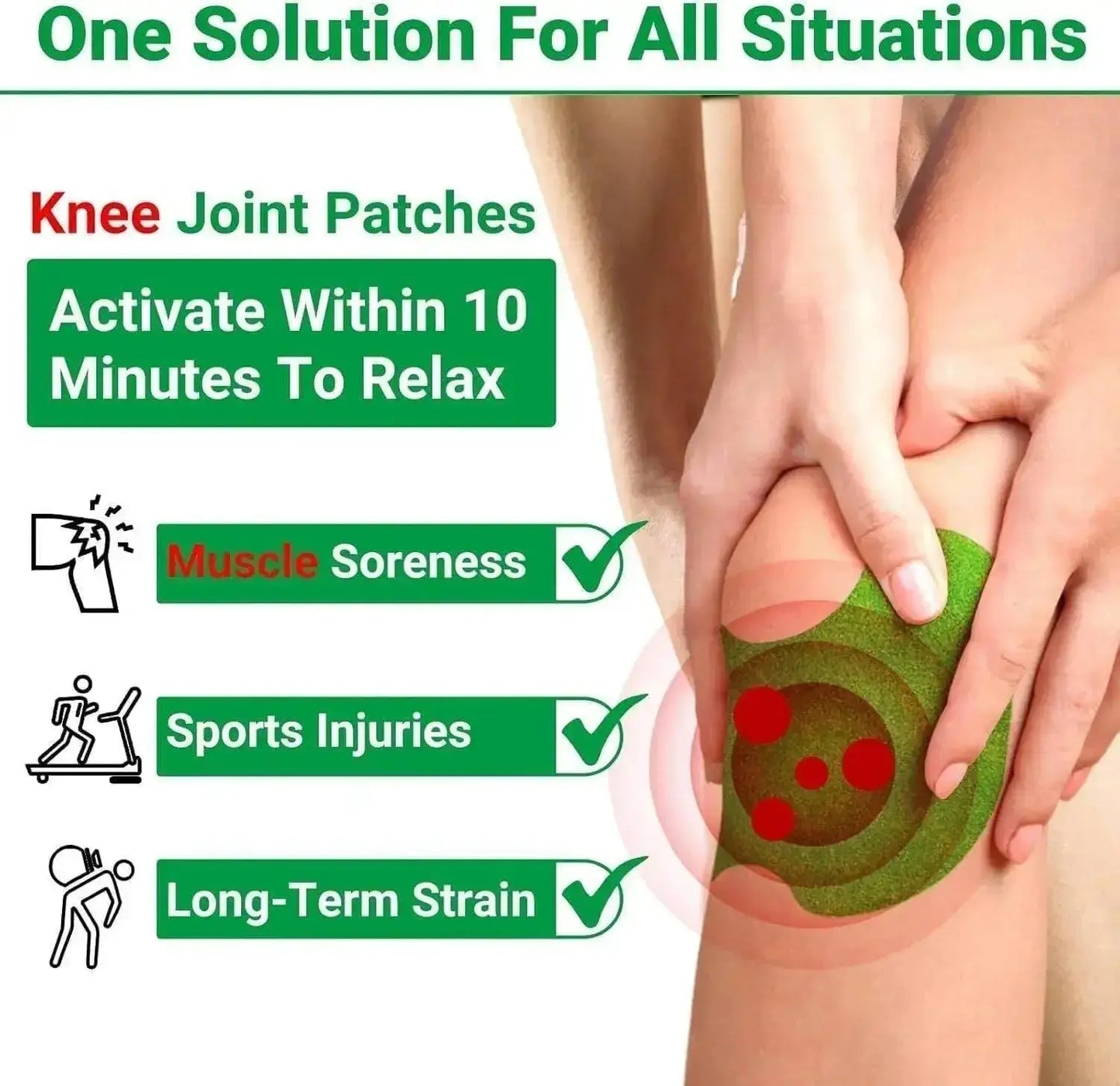 Knee joint patch advertisement with text on benefits and usage