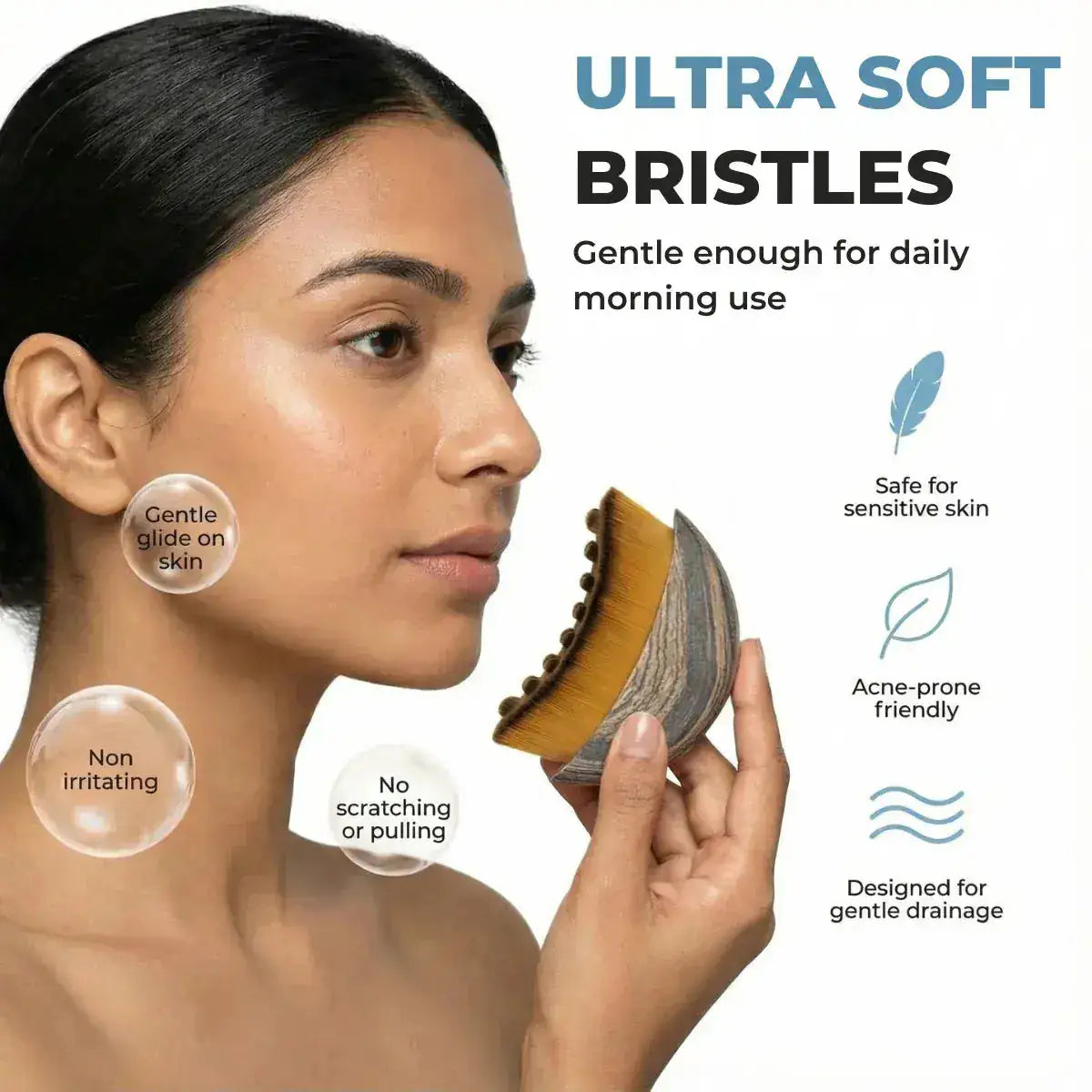 Woman holding a skincare tool with text about ultra soft bristles and product benefits.
