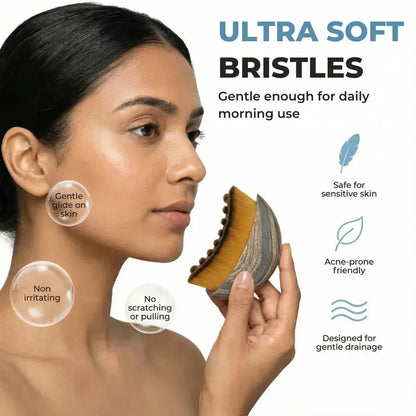 Woman holding a skincare tool with text about ultra soft bristles and product benefits.