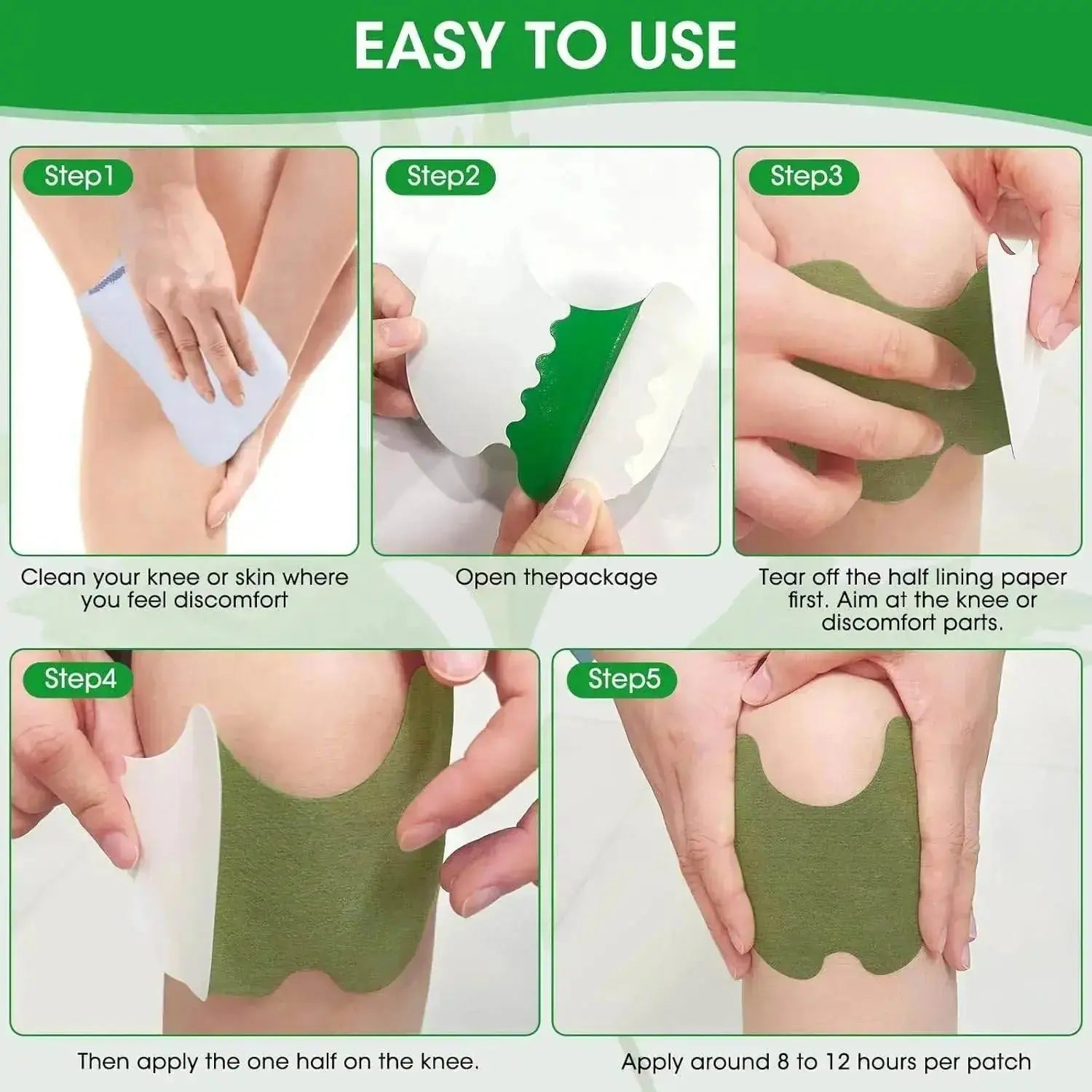 Step-by-step guide on applying a green knee patch with text indicating ease of use.