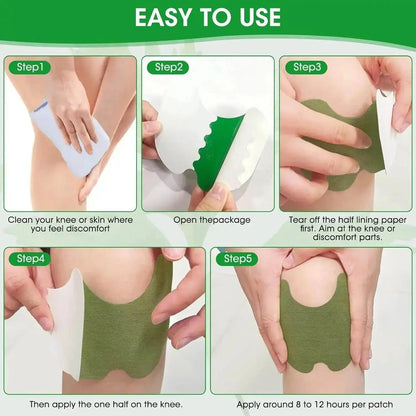 Step-by-step guide on applying a green knee patch with text indicating ease of use.
