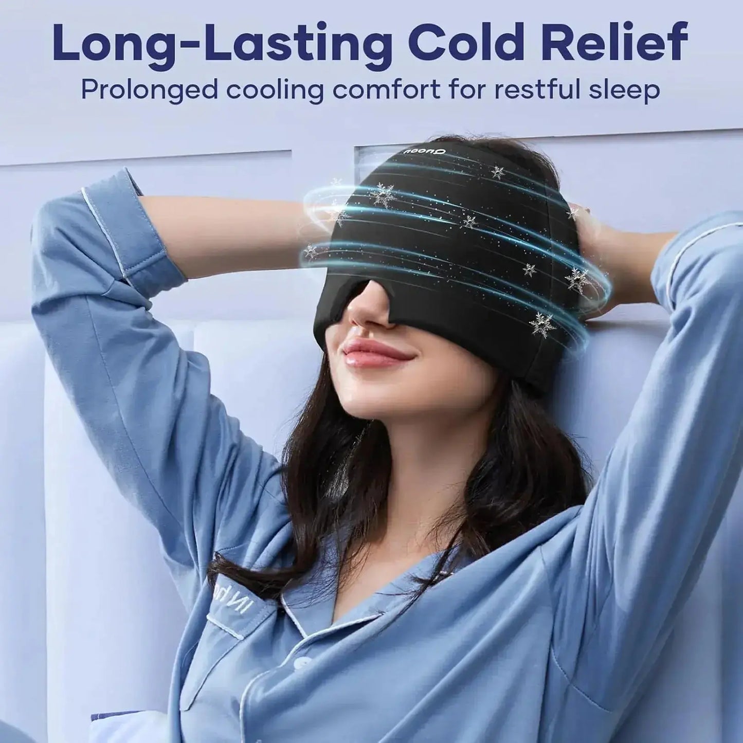 Woman wearing a cooling headband with text about long-lasting cold relief and sleep comfort.
