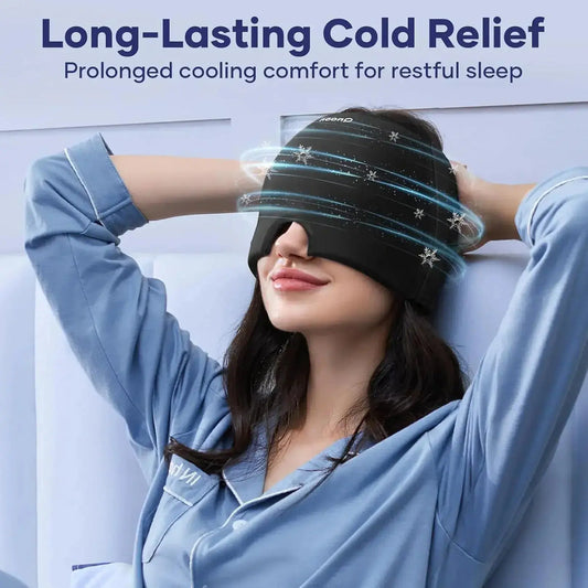 Woman wearing a cooling headband with text about long-lasting cold relief and sleep comfort.