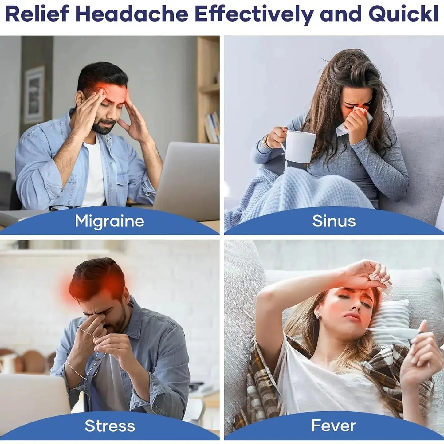 Four scenarios showing people experiencing headaches with labels for Migraine, Sinus, Stress, and Fever.