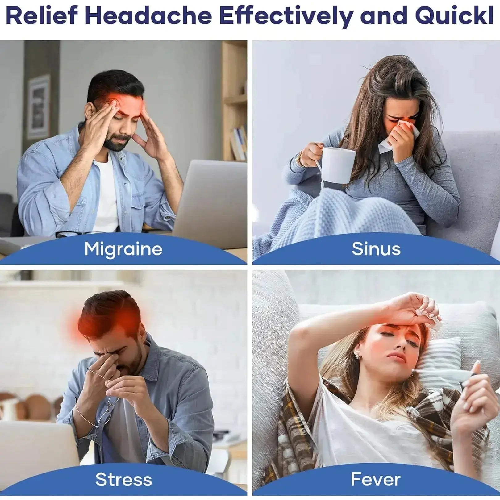 Four scenarios showing people experiencing headaches with labels for Migraine, Sinus, Stress, and Fever.