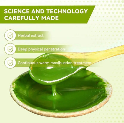 Green herbal extract in a bowl with a wooden spoon, labeled 'Science and Technology Carefully Made'.