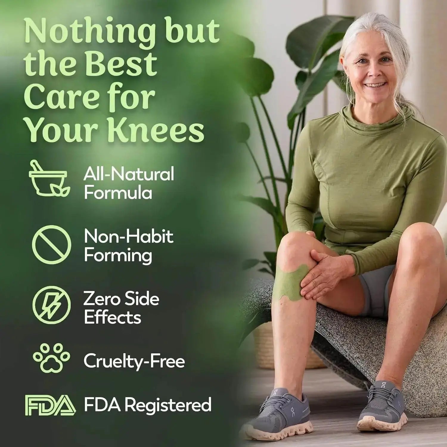 Woman applying a knee patch with promotional text about knee care products.