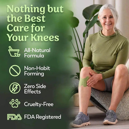 Woman applying a knee patch with promotional text about knee care products.