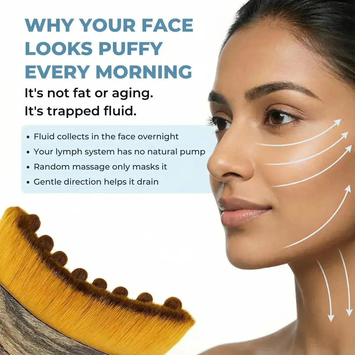 Woman's face with text explaining puffy eyes and a massage tool.